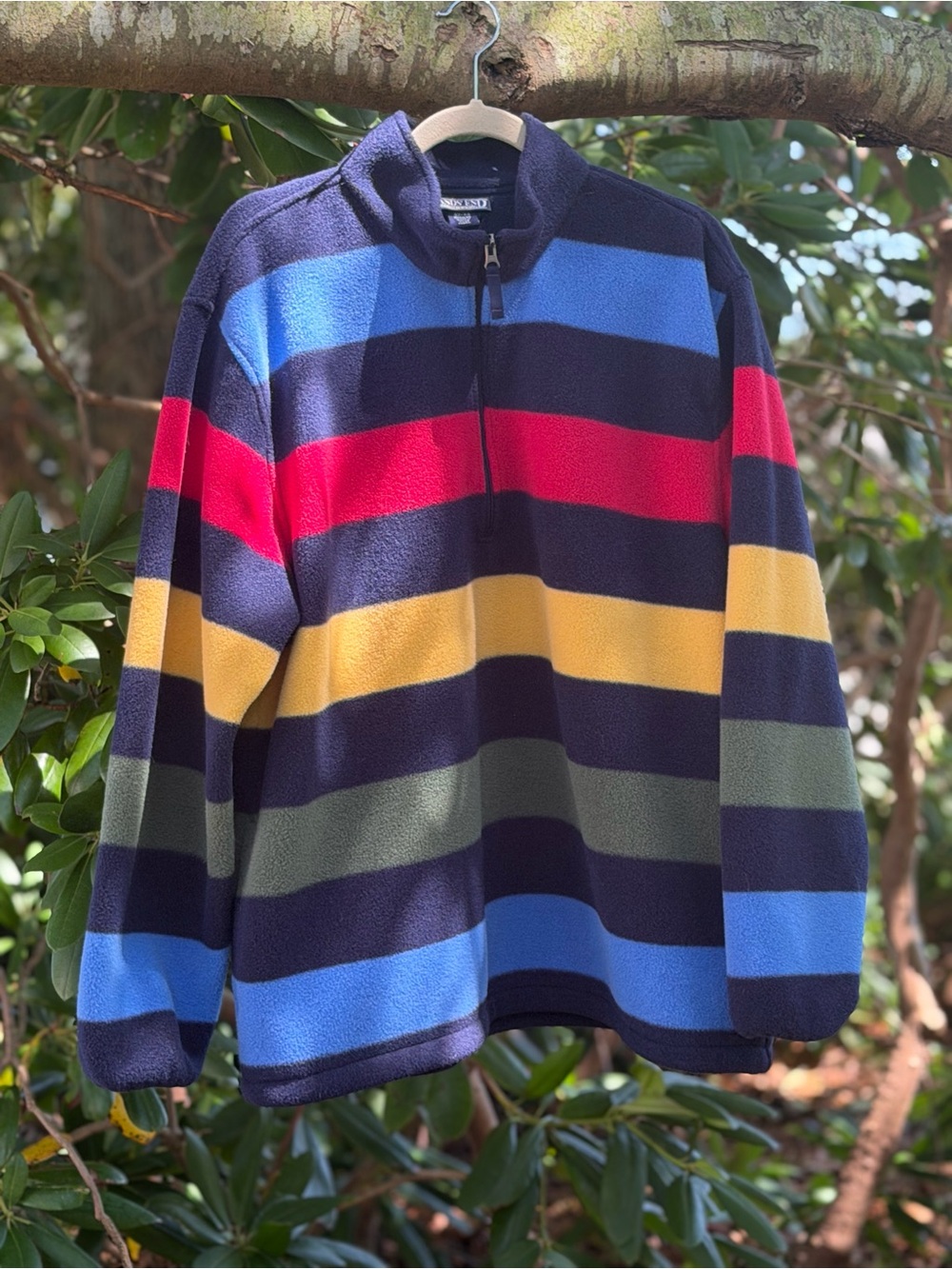 Lands' End Navy Fleece Zip-Up with Bright Multi-Color Stripes- Pockets